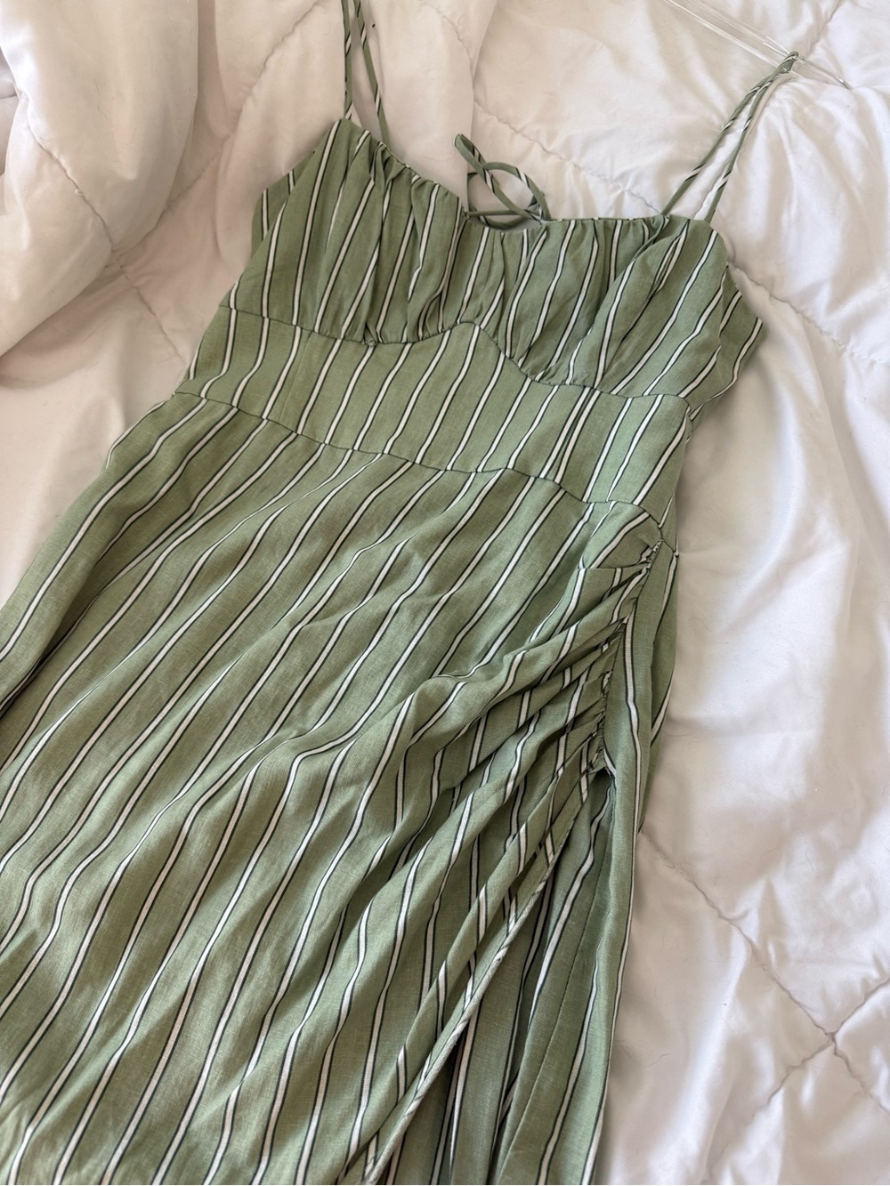 Zara Olive Green Striped linen Midi Dress